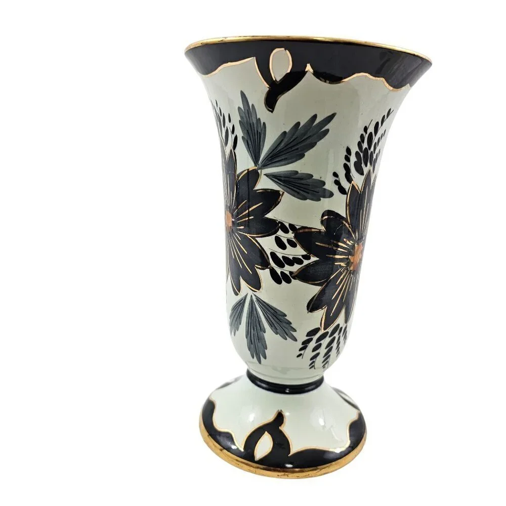 Tody Floral Pattern Gold Rim 8.5” Hand Painted Vase – Made in Holland – 3/4085